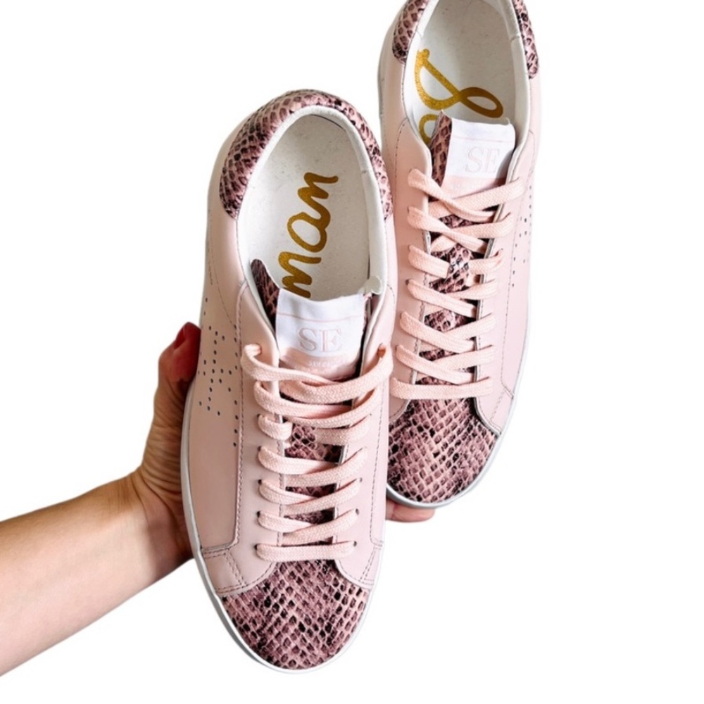 New SAM EDELMAN Women’s Worn Look Snakeskin Sneaker Aubrie Leather Pink 7.5